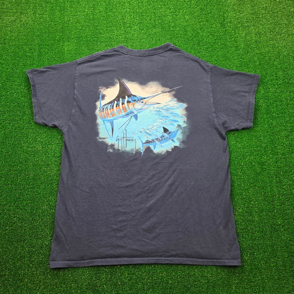 Guy Harvey Tshirt Mens Large Navy Blue Marlin & Bait Graphic Fishing Tee